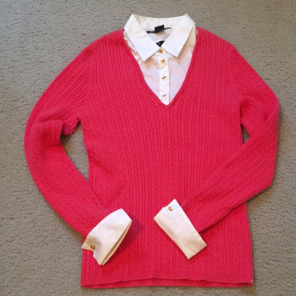 Jones New York Pink Cable Knit Vneck Sweater w/ Removeable Collar & Cuffs
